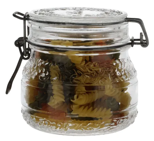 Clear Floral Glass Canister With Lid Containing Pasta