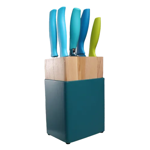 Teal Blue & Wood 6 Piece Knife Block Set