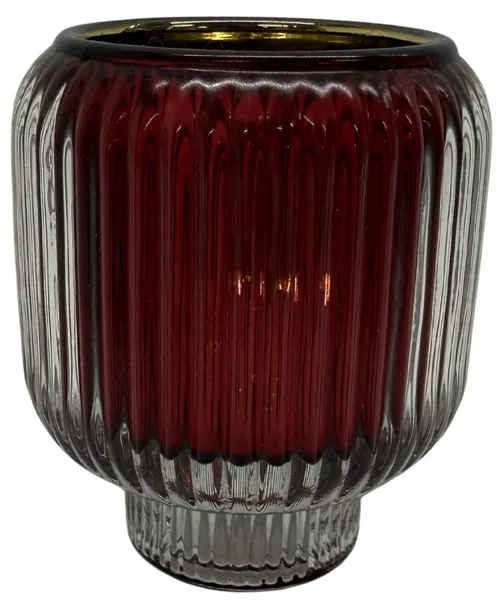 Clear & Red Ribbed Glass Candle Holder