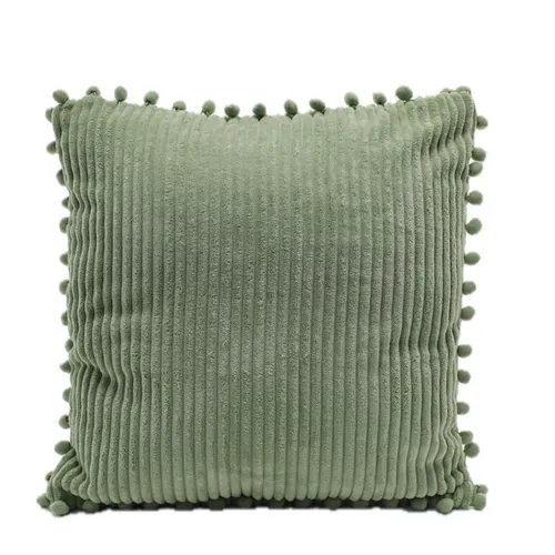 Laurel Green Corderoy With Pompom Tassels Throw Pillow
