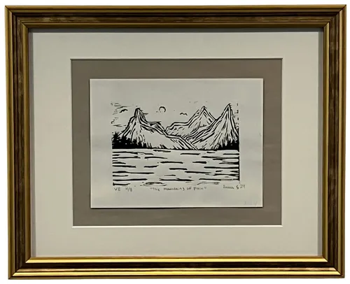 Black Mountainous Landscape  In Gold Frame