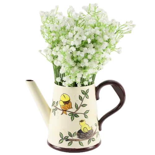 Artificial Baby's Breath In Ceramic Songbird Teapot