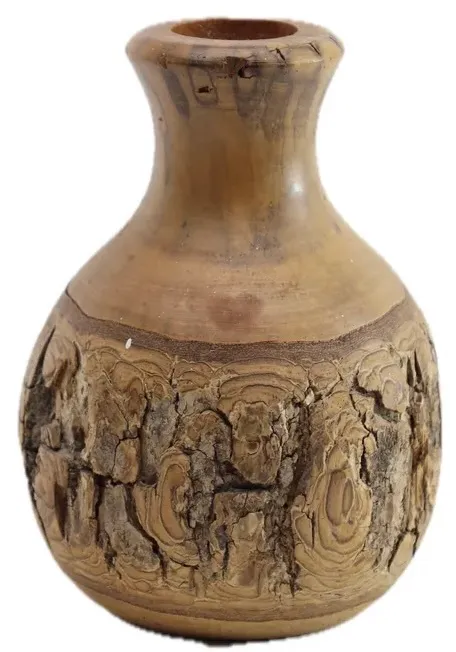 Turned Bark On Wood Vase