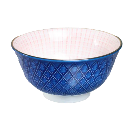French Blue Patterned Small Bowl With Burgandy Interior