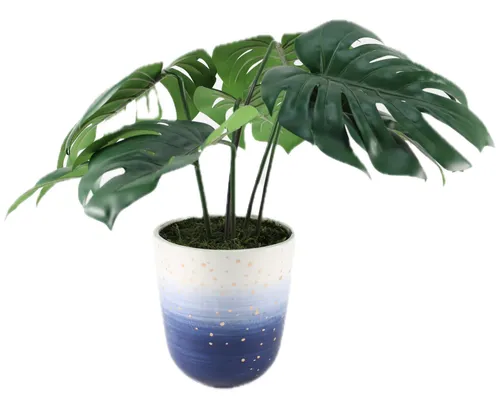 Artificial Swiss Cheese Plant In White / Blue / Gold Speckled Ceramic Pot
