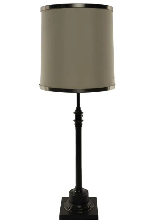 Bronze Adjustable Slim Column Table Lamp With White Silk Drum Shades With Silver Trim