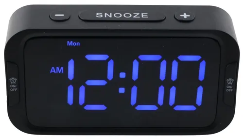 Black Alarm Clock With Blue Digital Display
