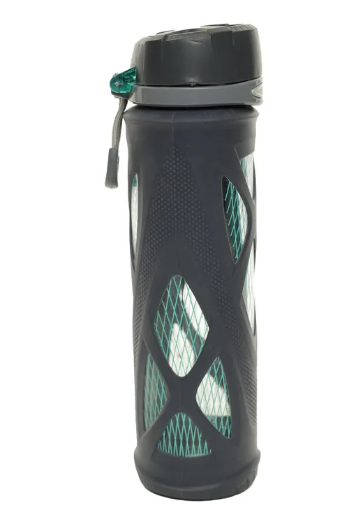 Charcoal Grey Silicone With Turquoise Webbed Pattern On Glass Water Bottle