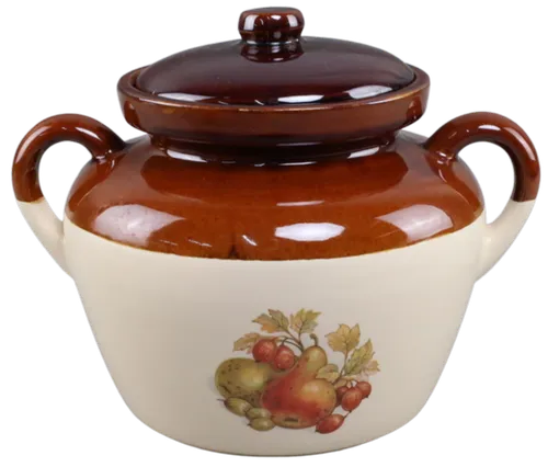 Brown & Beige Crock With Lid & Fruit Motif