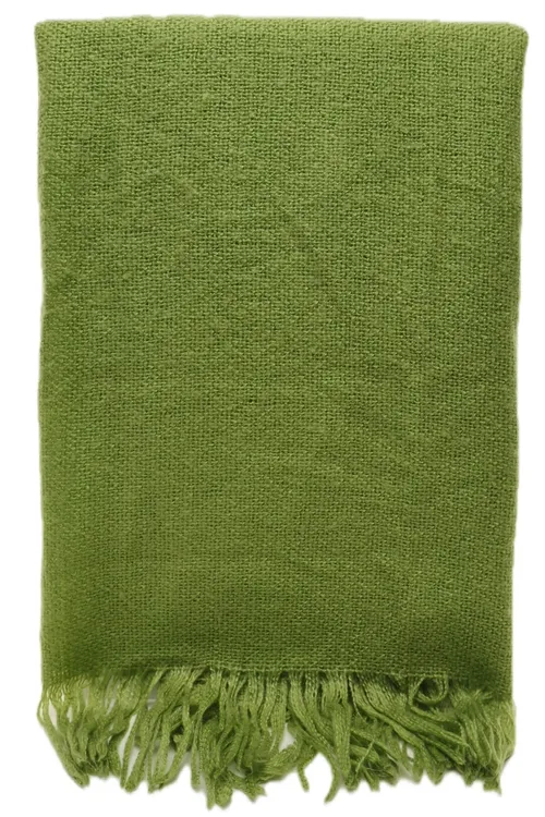 Pea Green Knit Throw Blanket With Fringe Trim