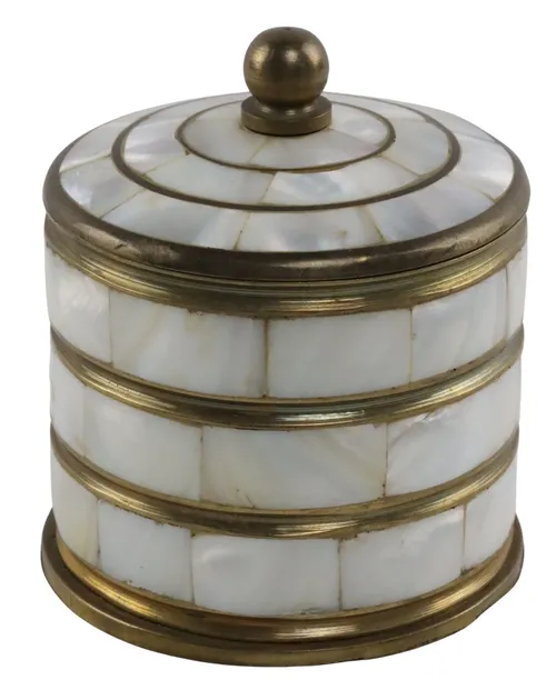 Brass & Mother Of Pearl Inlay Round Box With Lid