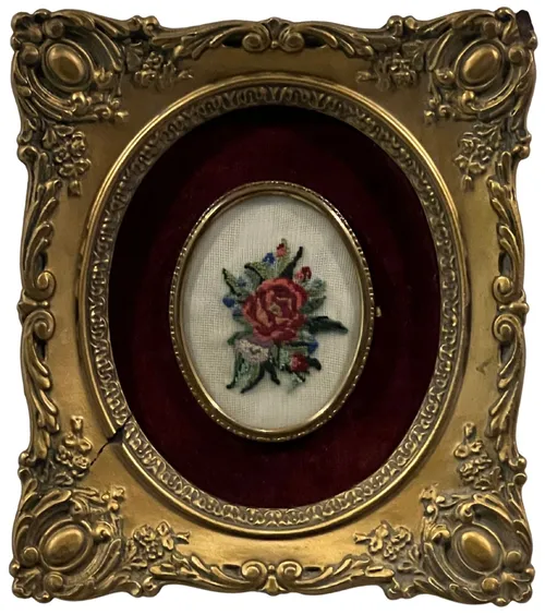 Red Rose Needlepoint In Ornate Gold Frame
