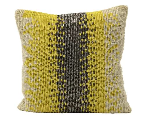 Bright Yellow & Silver Large Seed Bead Throw Pillow With Velvet Cream Back