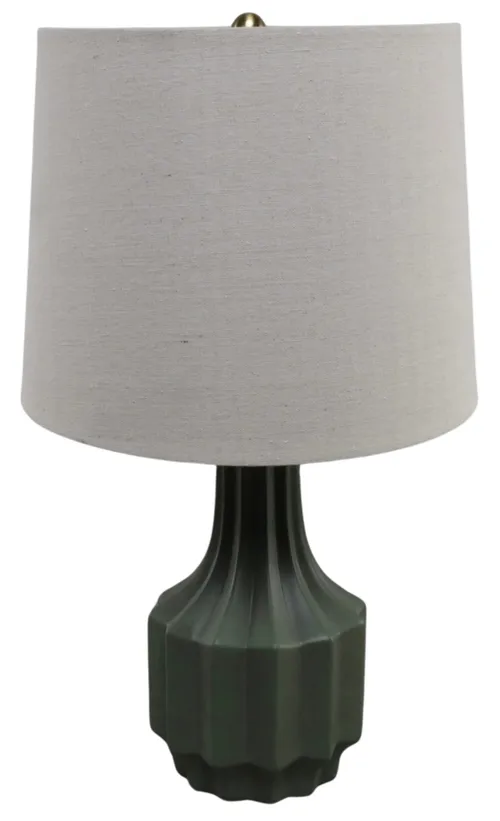 Green Ribbed Table Lamp With Beige Shade