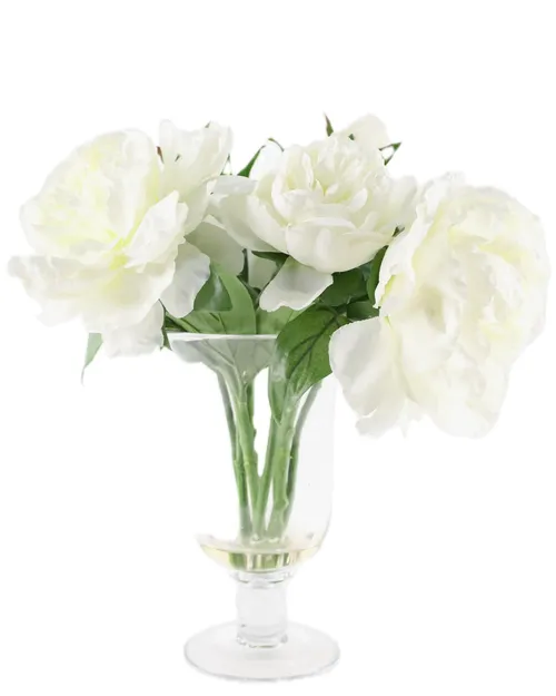 Artificial Large White Peonies In Clear Glass Urn