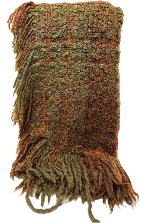 Green & Brown Rust Nubbly Throw Blanket With Fringe Trim