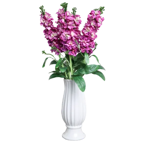 White Ceramic Fluted Vase With Artificial  Purple Larkspur Flowers