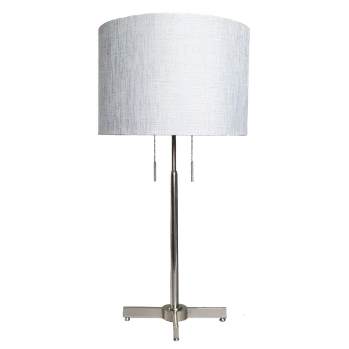 Polished Chrome Double Pull Cord Table Lamp With Grey Shade