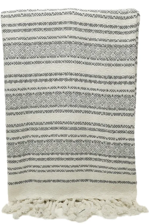 White & Grey Stripes Throw Blanket With White Twisted Rope Fringe