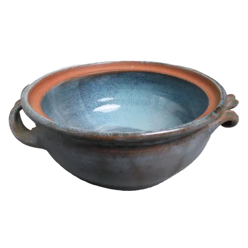 Terra Cotta & Blue Ceramic Serving Bowl With Twisted Handles