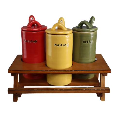 Picnic Table Condiment Set - Ketchup / Mustard/ Relish Ceramic Canisters