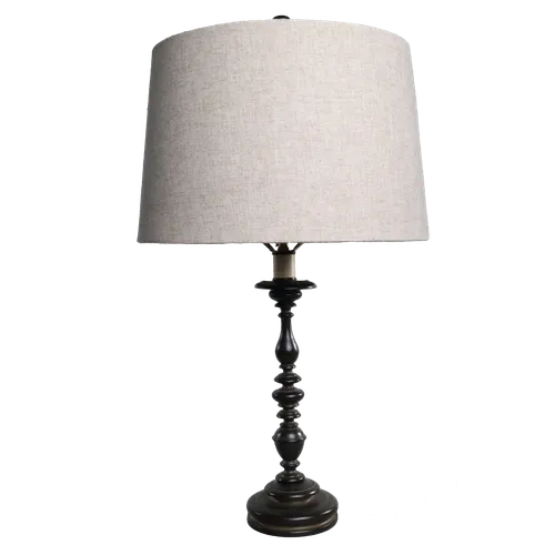 Dark Ornate Spindle Table Lamp With Beige Shade