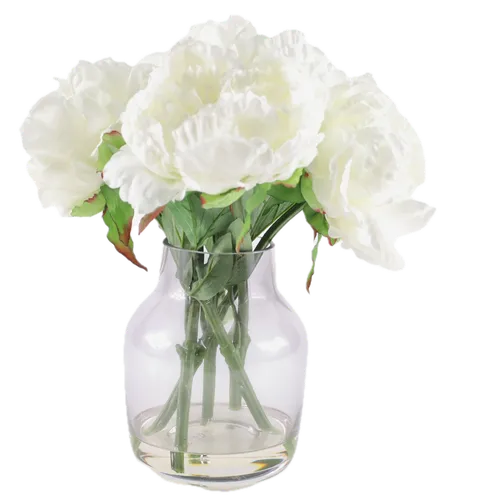 Artificial White Peonies In Clear Glass Vase