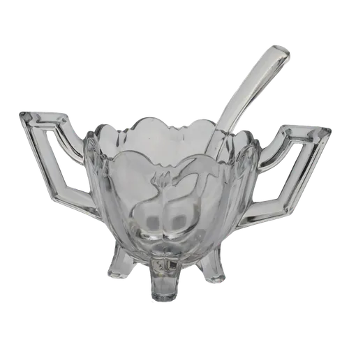 Clear Glass Condiment Bowl With Handles & Spoon