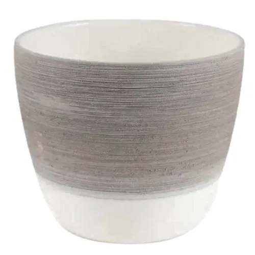 Taupe & Grey Lines Ceramic Plant Pot With Beige Base 