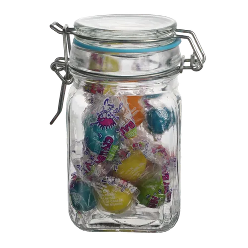 Clear Glass Jar With Blue Rim Containing Gumballs