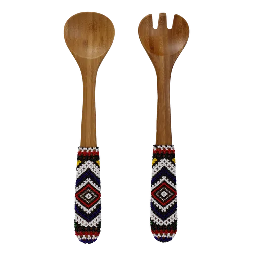 Beaded Handle Wood Serving Set