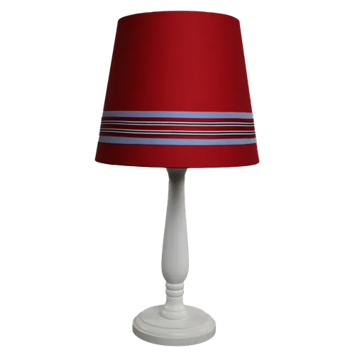 White Spindle Lathe Table Lamp With Red Shade & Blue Banding