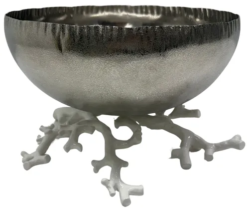 Textured Stainless Steel Centrepiece Serving Bowl On White Coral Stand