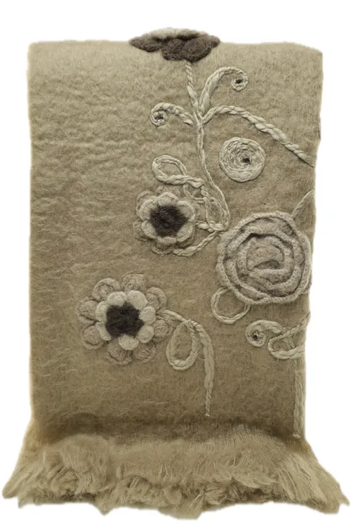 Taupe Brushed Wool With Embroidered Flower & Crystal Cabochons With Fringe Trim