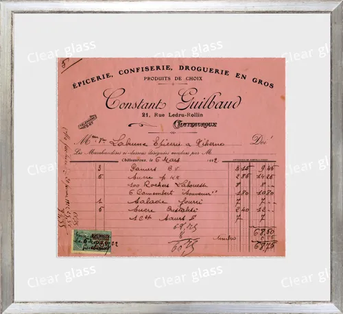 Vintage French Receipt On Light Red Paper With Silver Frame