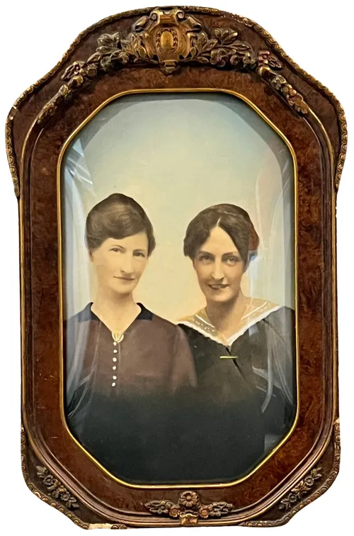 Antique Two Sisters Portrait Photography In Ornate Wood Frame