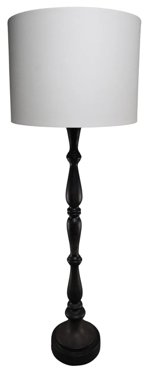 Black Wood Grain Spindle Floor Lamp With White Shade