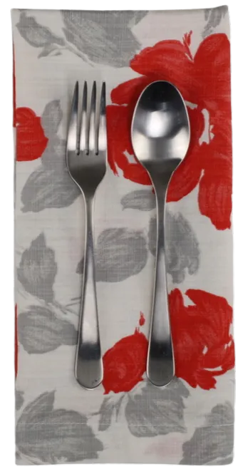 White With Abstract Red Roses & Grey Foliage Napkin