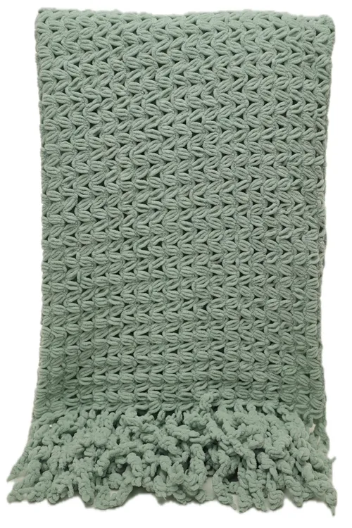 Chenille Mint Green Knit Throw Blanket With Fringe Trim