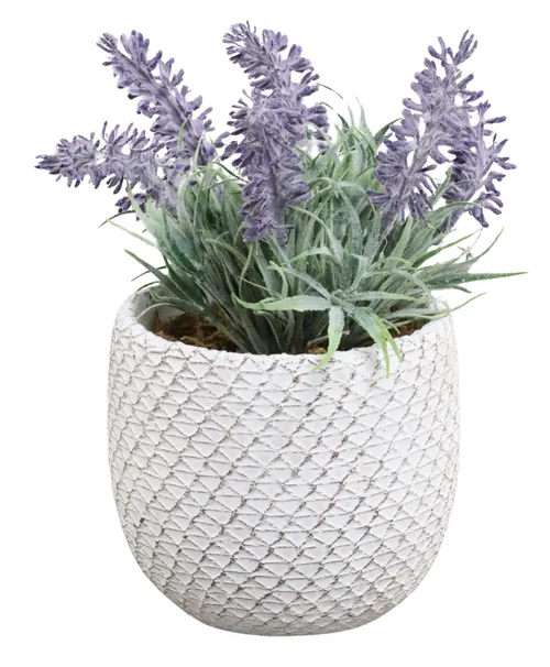 Artificial Lavender Plant In White Ceramic Patterned Pot
