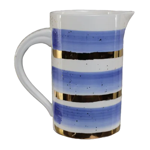 White With Gold & Blue Striped Ceramic Pitcher