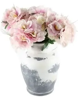 Rustic White & Grey Ceramic Vase with Pink Flowers