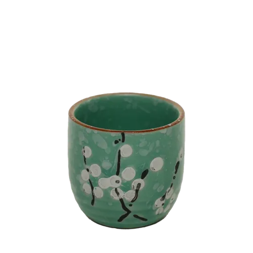 Teal Ceramic Sake Cup With White Cherry Blossoms 
