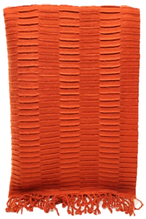 Pleated Burnt Orange Throw Blanket With Yarn Fringe Trim