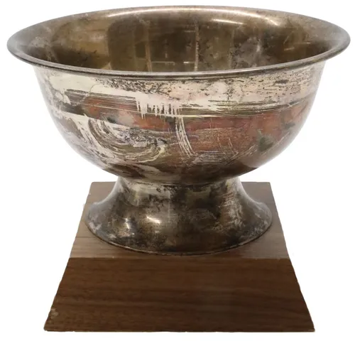 Silver Plated Tarnished Trophy Cup On Wood Base