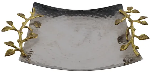 Hammered Stainless Steel Square Tray With Gold Leaf Handles