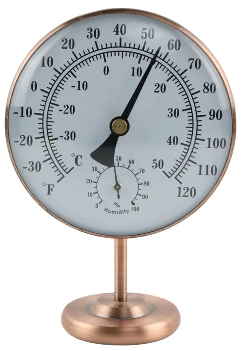 Copper Thermometer & Hygrometer On Stand