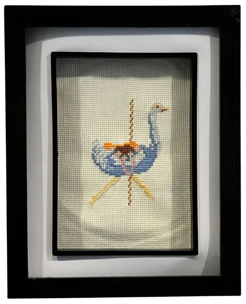 Carousel Ostrich Needlepoint In Black Frame
