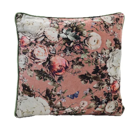Blue Butterfly In Pink Rose Garden With Solid Moss Green Back Throw Pillow