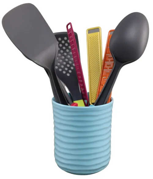 Blue Ripple Ceramic Utensil Holder With 7 Utensils